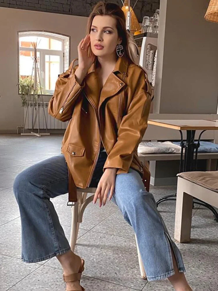 FTLZZ Spring Autumn Faux Leather Jackets Women Loose Casual Coat Female Drop-shoulder Motorcycles Locomotive Outwear With Belt 6