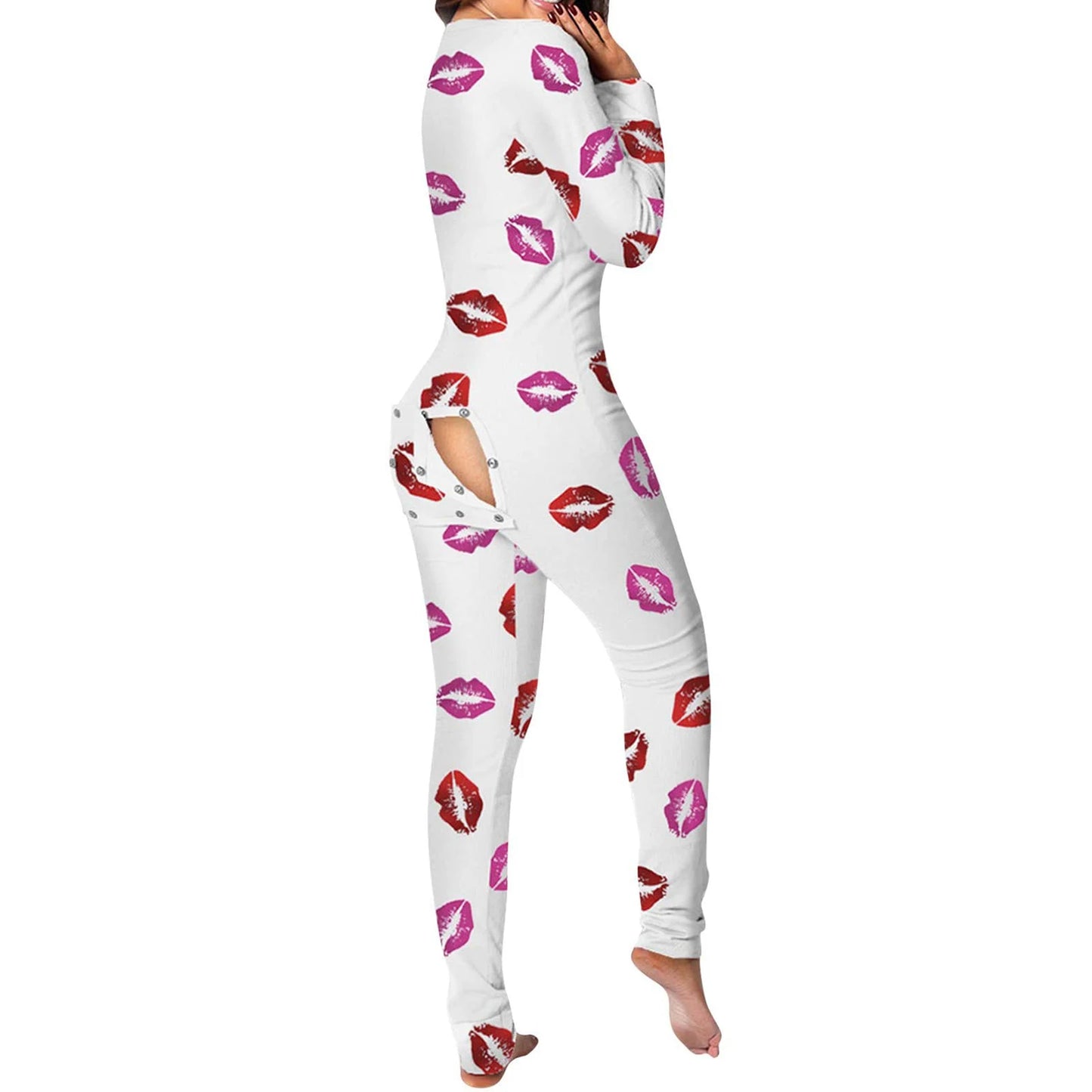 Women-Buttoned-Flap-Jumpsuits-Sleepwear-Cow-Printed-Long-Sleeve-V-Neck-Bodycon-Romper-Spring-Fall-Loungewear