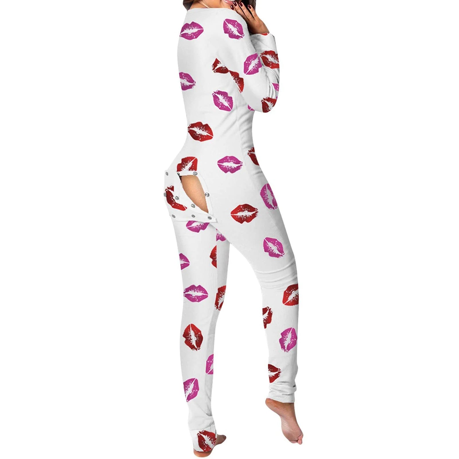 Women-Buttoned-Flap-Jumpsuits-Sleepwear-Cow-Printed-Long-Sleeve-V-Neck-Bodycon-Romper-Spring-Fall-Loungewear
