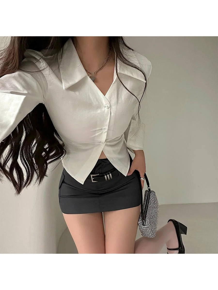 WOMENGAGA Spicy Girl Sexy Single Breasted Slim Polo Neck Long Sleeve Shirt Top Female Fashion Blouse Sweet Korean Women TCD0 4