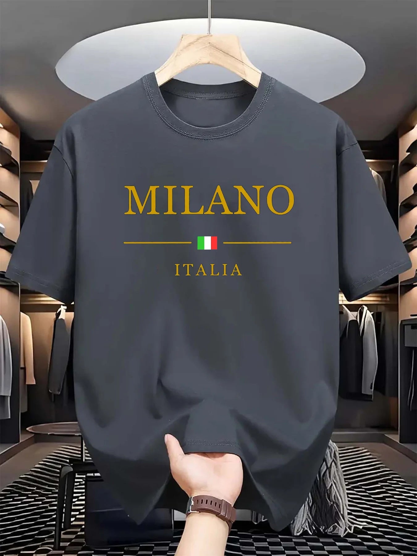 Men's summer 100 cotton fashionable casual loose plus size MILANO ITALIA pattern printed sports round neck short sleeved T-shirt 3