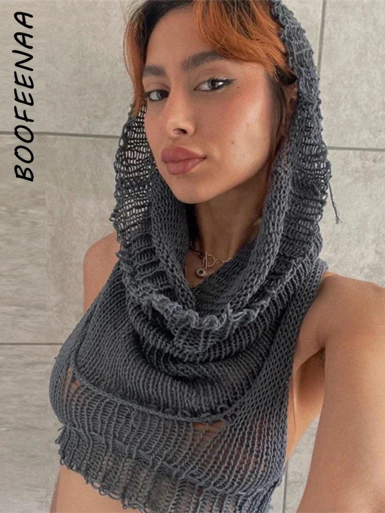 BOOFEENAA Hooded Sleeveless Knitted Sweater Vest Streetwear Fashion Sexy Y2k Crop Top Autumn Clothes Women 2023 C71-CE17