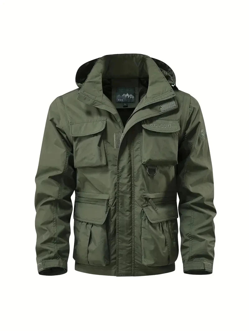 Detachable windproof sleeved hooded jacket suitable for outdoor activities men's casual waterproof multi pocket jacket vest 5