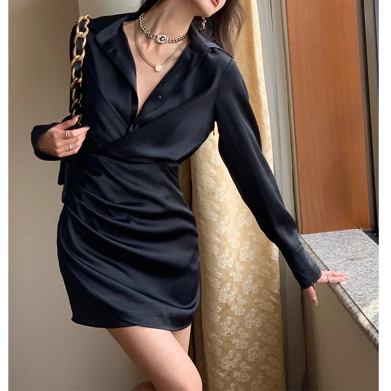 Elegant Satin Mini Dress Bubbling Champagne Black Satin Long-sleeved V-neck Shirt Collar Waist Fold Temperament Buttock Dress 2