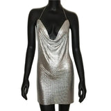 2024 Sexy Clubwear Backless Sequin Short Dress For Women Cocktail Metalic Split Mesh Harness Body Chain Club Low Cut Mini Dress 9