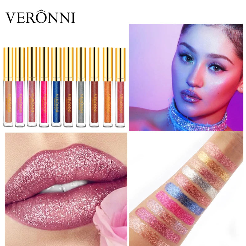 15 Color Glitter Liquid Lipsticks Shimmer Shiny Lipgloss Pearlescent Lip Tint Waterproof Long Lasting Matte Diamond Lips Glaze 2