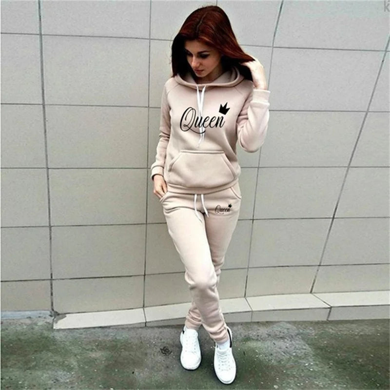 Hot women's 2-piece QUEEN print sports suit sportswear clothes hoodie+sweatpants 4