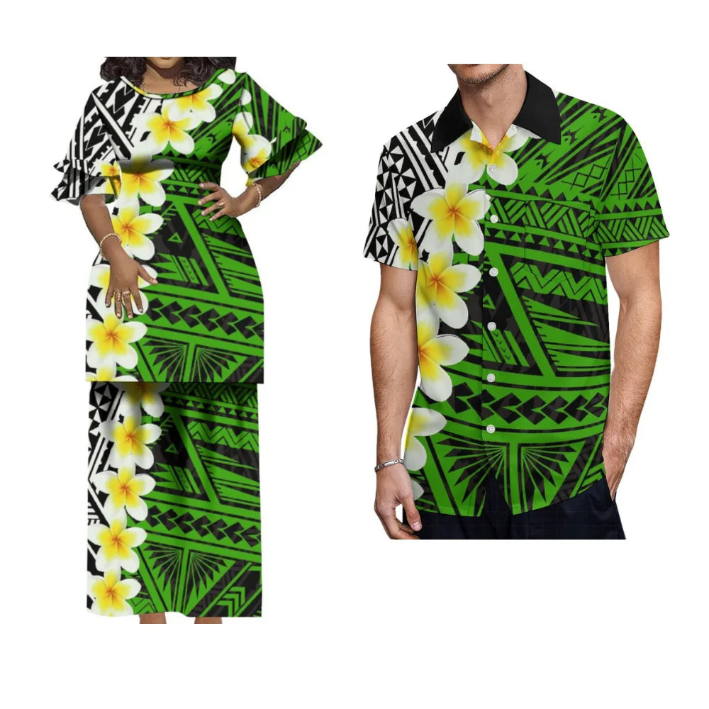 Matching Hawaiian Style Couple's Outfit: Women's Long Puletasi & Men's Summer Shirt
