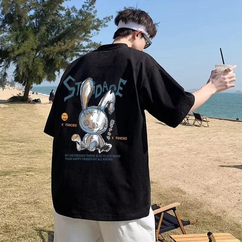 8XL Men Oversize Korean Fashion Loose American Love Puppet Rabbit Print Short Sleeve Round Neck Versatile Trend Couple outfit 2