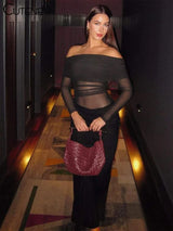 Mesh Ruched Women Maxi Dress Sexy See Through Off Shoulder Long Sleeve dress