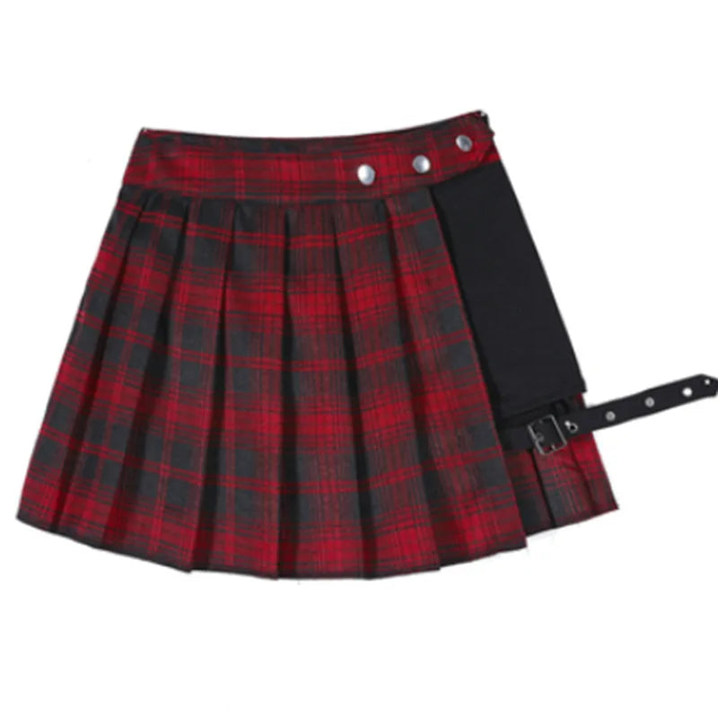 Pleated Girls Gothic Half Skirts Summer Harajuku Punk Style Plaid Irregular Skirts Women Asymmetrical High Waist Black Skirts 7