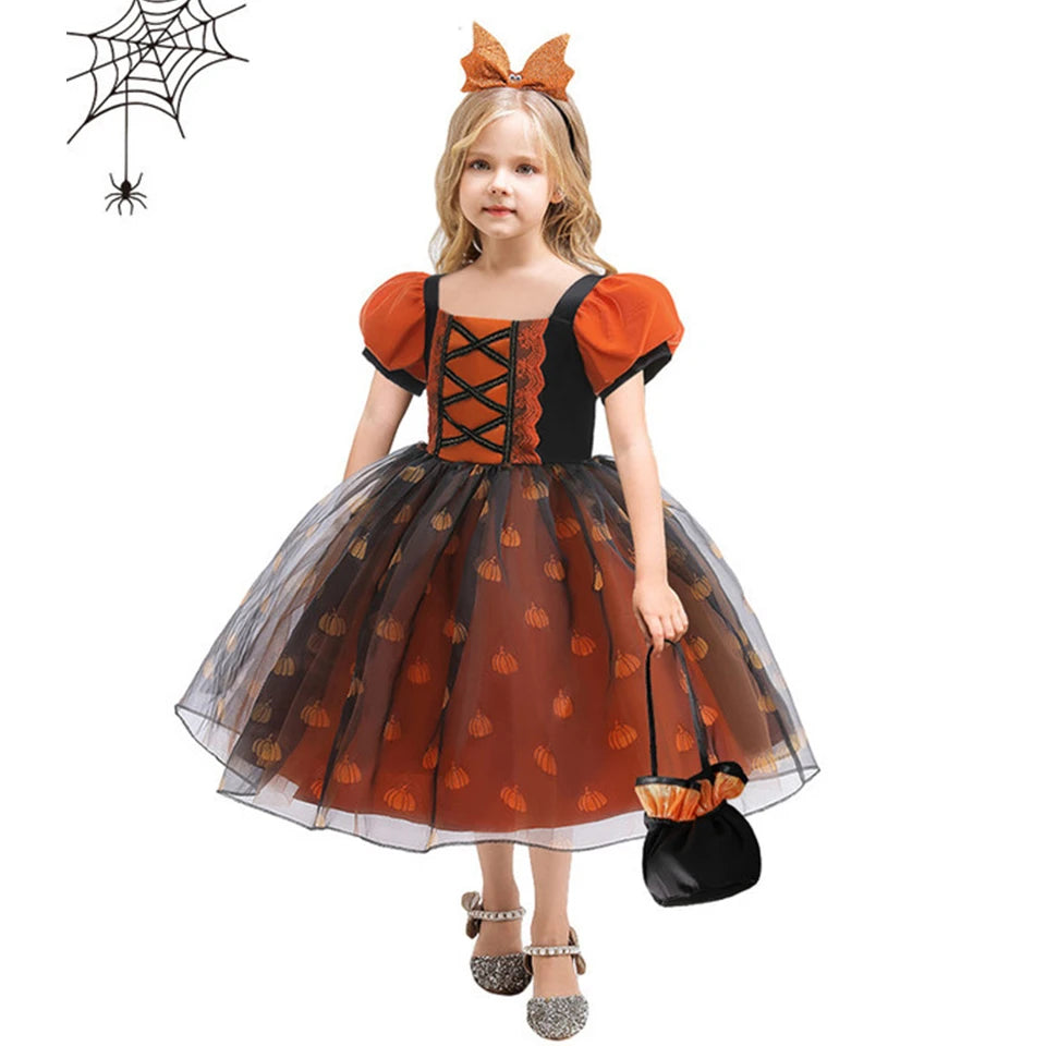 Fancy Girl Halloween Disguised Child Pumpkin Print Witch Princess Dress Children Cosplay Masquerade Party Performance Clothing 2