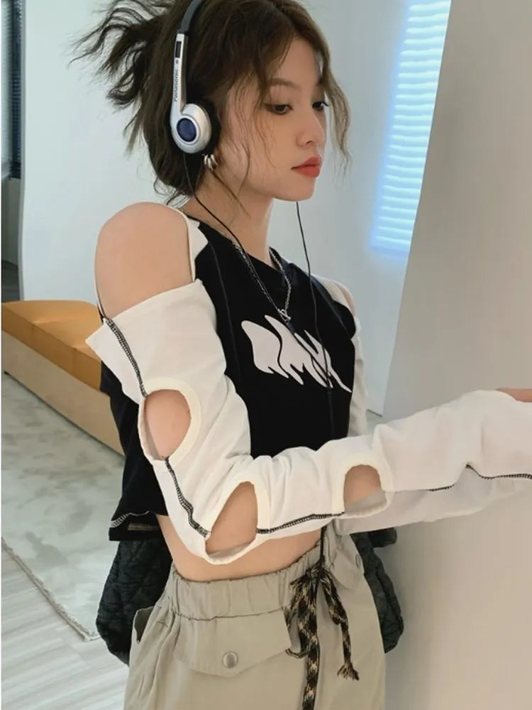 Kpop Fashion 2023 Contrast Crop Tshirt Women Y2K Hollow Out Long Sleeve Tee Summer Harajuku Casual Streetwear Sexy Slim Crop Top 2