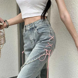 American Split Jeans Women Pink Bandage High Waist Irregular Spliced Denim Pants Zipper Fly Trousers Y2k Pantalon Femme 3