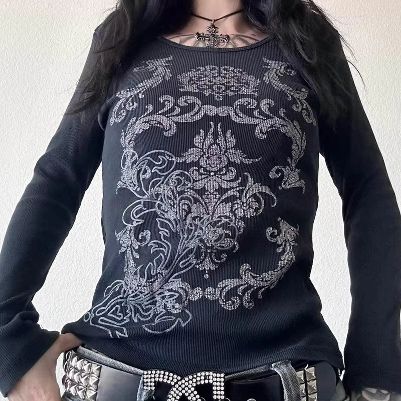 Y2K Grunge Skull Thermal Tee