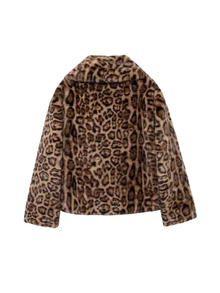 Women's Thick Warm Leopard Faux Fur Jacket, Lapel Collar Coat, Long Sleeve Female Outerwear, Chic Tops, Fashion 3