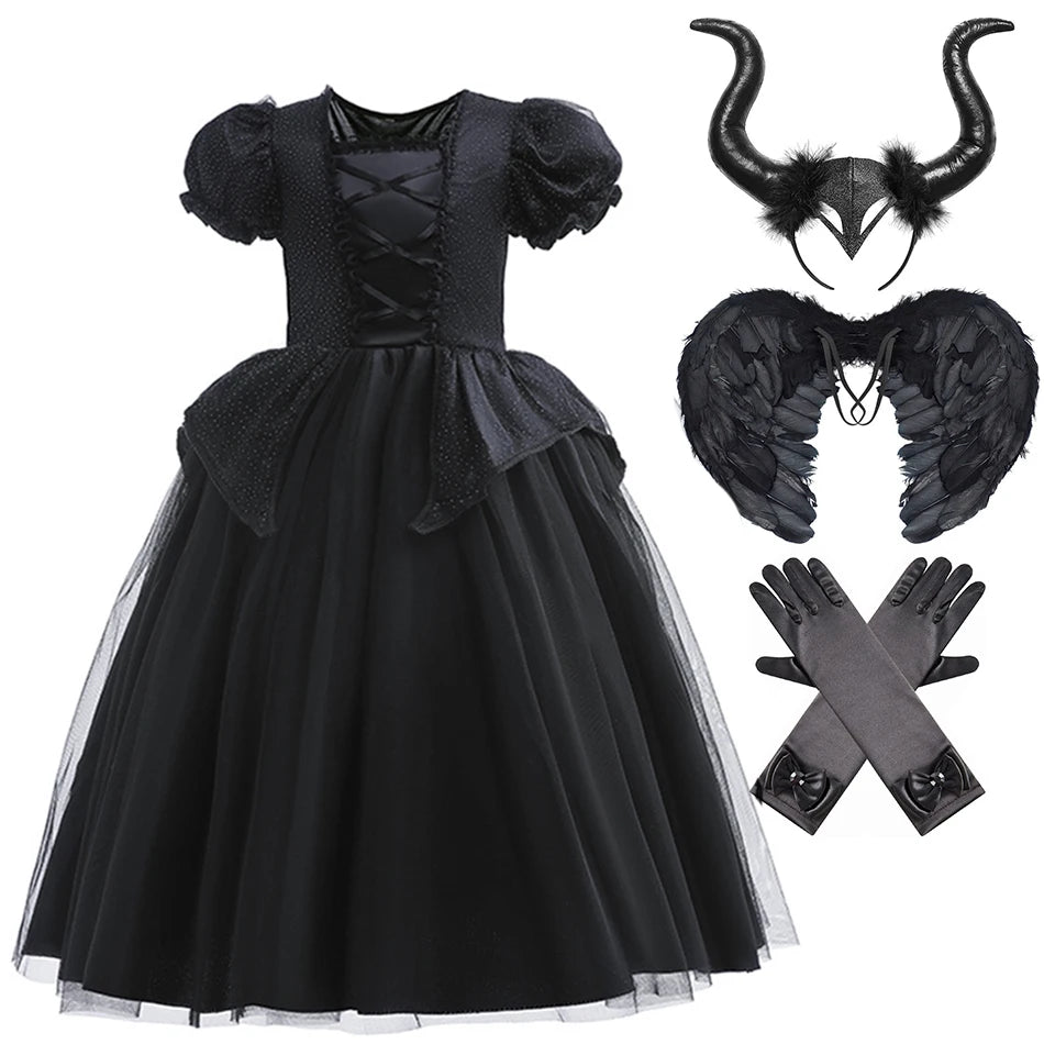Girls' Dark Forest Queen Cosplay Dress with Wings
