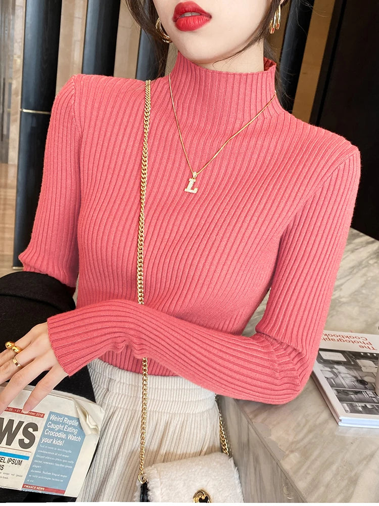 Elegant Solid Basic Knitted Tops Women Turtlneck Sweater Long Sleeve Casual Slim Pullover Korean Fashion Simple Chic Clothes 9