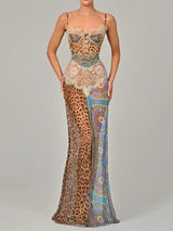 Leopard Print Lace Split Sexy Maxi Dress Women Gown Elegant Patchwork Chiffon Sleeveless Backless Beach Evening Dress