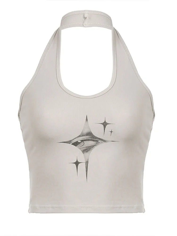 Top Women Y2k Devil's Eyes Retro Print Hanging Neck Suspender Vest Women's Summer Korean Fashion Slim And Slimming Short Top 6