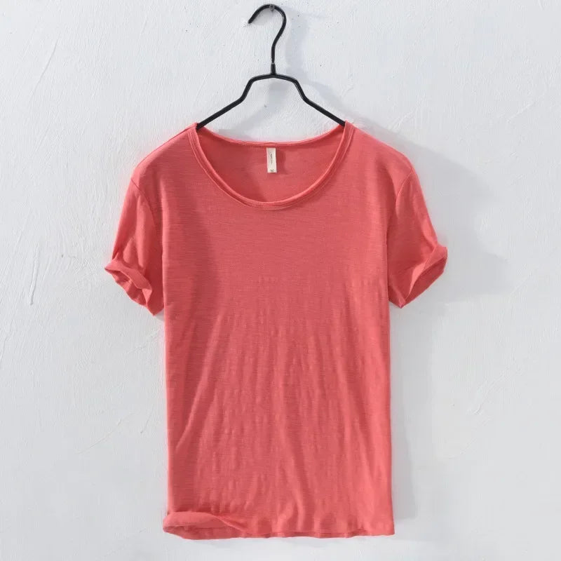Mens Retro Raw Edge T-Shirt 100% Cotton Lightweight Breathable Slim-fit Monochromatic O-Neck Casual Basic Top Tees 5