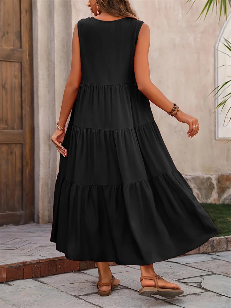2024 Women Dress Summer Casual Brand Vacation Holiday Beach Long Dresses V-neck Loose Elegant Yellow Black RUFFLES Dress Femme 6