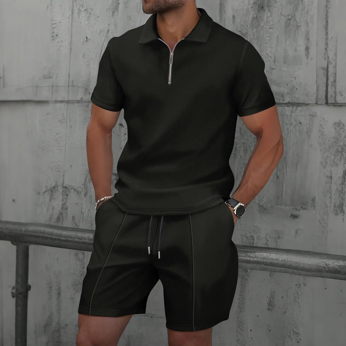 2025 Men Europe and the United States new summer Waffle solid color zip-up lapel short-sleeve suit shorts two sets 5