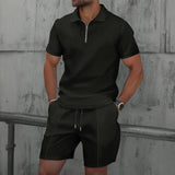 2025 Men Europe and the United States new summer Waffle solid color zip-up lapel short-sleeve suit shorts two sets 5