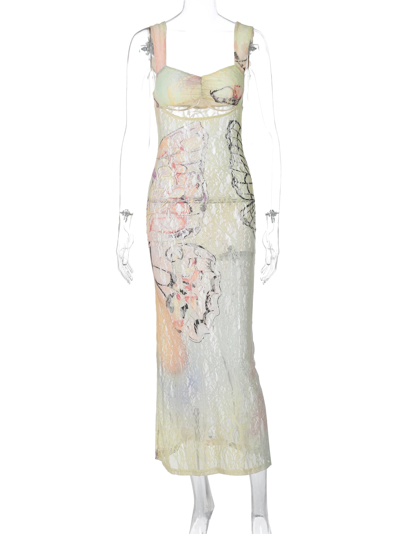 Y2K Lace Print Bandage Dress | Cut-Out Maxi Bodycon for Party & Club