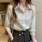 Women's Shirts V-neck Solid Laides Tops Womens 2025 Spring Korean Fashion Long Sleeve Blouses Button Up White OL Vintage Tops 2