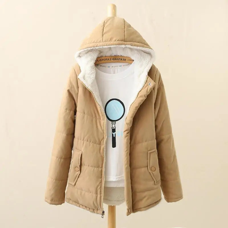 Korean Style New Fashion Women's Velvet Thicken Casual Trendy Solid Color Hooded Parkas Female Simple Basic Pocket Clothes Coats 5