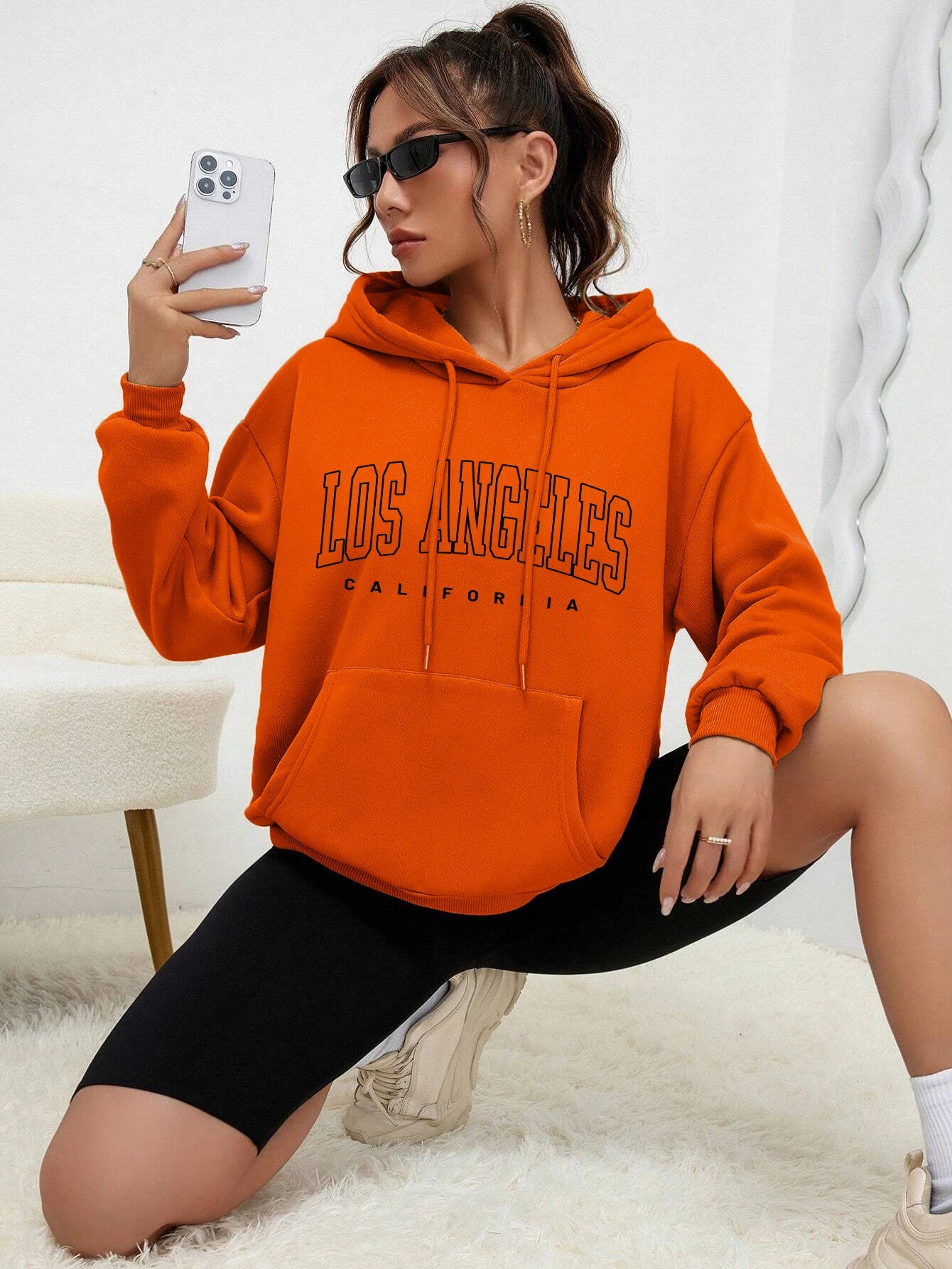 Los Angeles Letter Design Fleece Hoodie