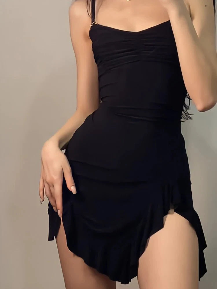 Women Sexy Side Slit Ruffled Mini Dress Sleeveless Spaghetti Strap Dress for Parties and Clubs Solid Pull Cord Separate Dress 2