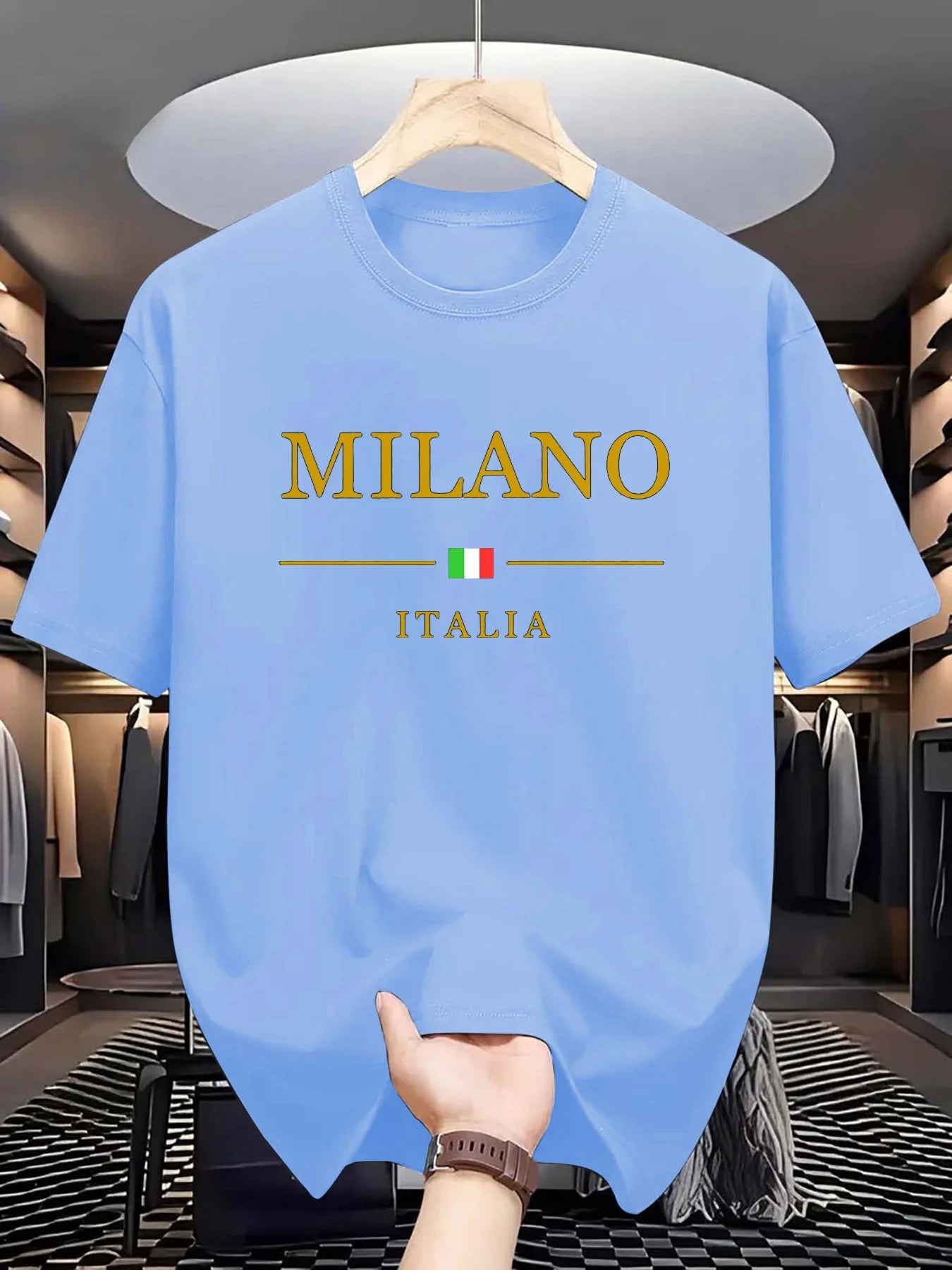 Men's summer 100 cotton fashionable casual loose plus size MILANO ITALIA pattern printed sports round neck short sleeved T-shirt 6