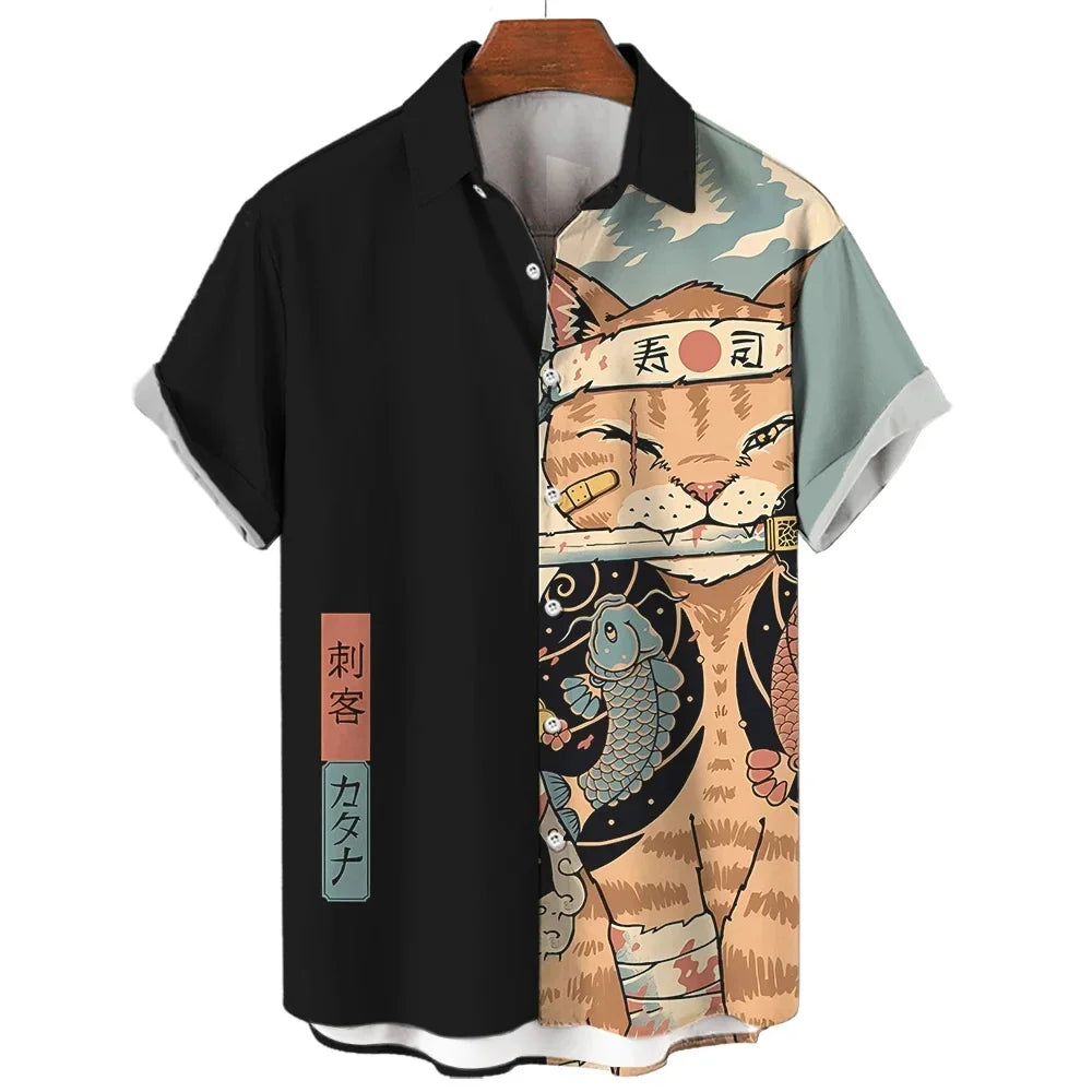 Cool Samurai Cat Tops Summer New Men's Clothing Casual Short-Sleeved Anime Loose Blouse Hawaiian Shirts