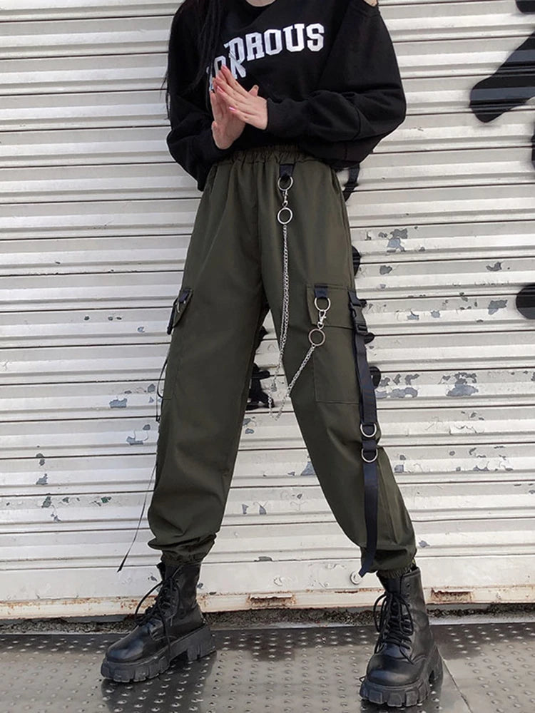 Women Cargo Pants  Harem Pants Fashion Punk Pockets Jogger Trousers With Chain Harajuku Elastics High Waist Streetwear 7