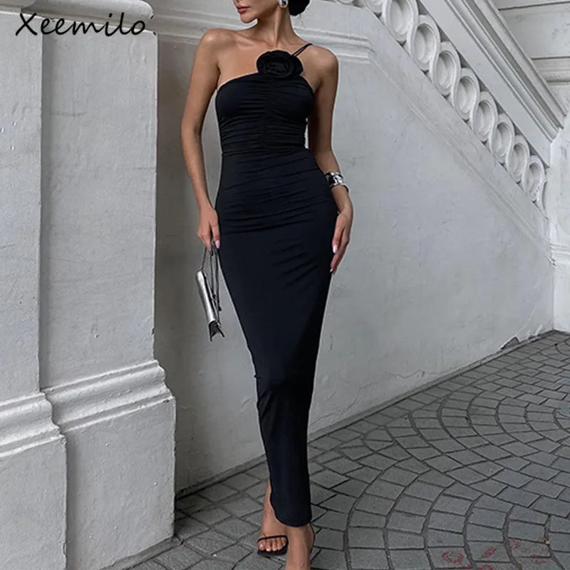 Elegant Sleeveless Slim Black Dress Aesthetic Oblique Strap Backless Prom Dresses 3