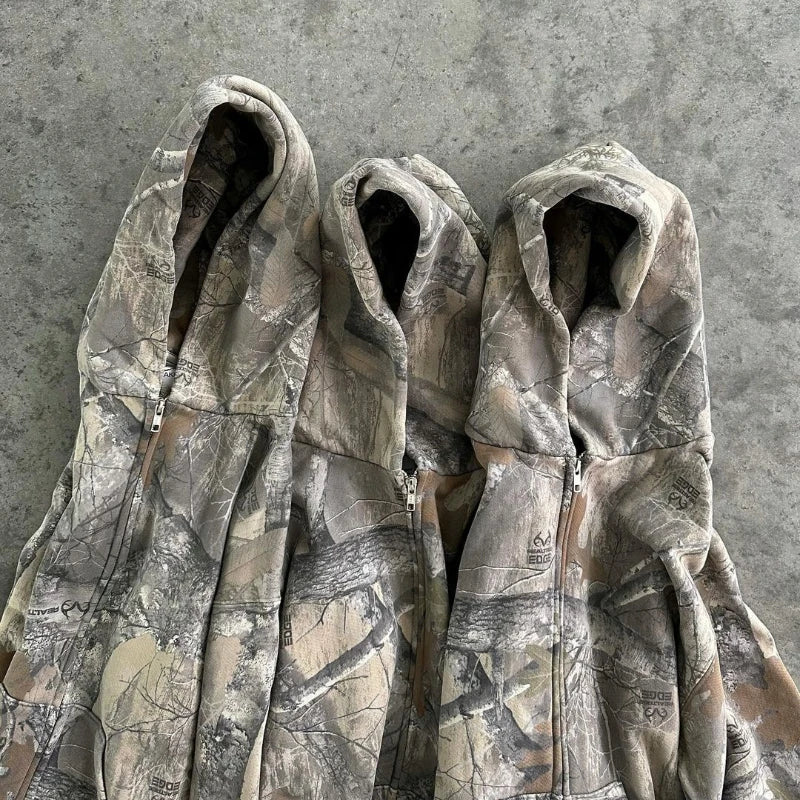 Y2K Retro zip up Hoodie Men Camouflage Pattern zipper Sweatshirt High Street Hip Hop Streetwear Oversized Unisex Camo Hoodie 2