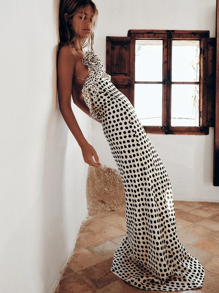 Backless Print Dots Flower Women Maxi Dress Spaghetti Strap Evening Dress 2