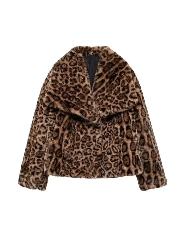Women's Thick Warm Leopard Faux Fur Jacket, Lapel Collar Coat, Long Sleeve Female Outerwear, Chic Tops, Fashion 2