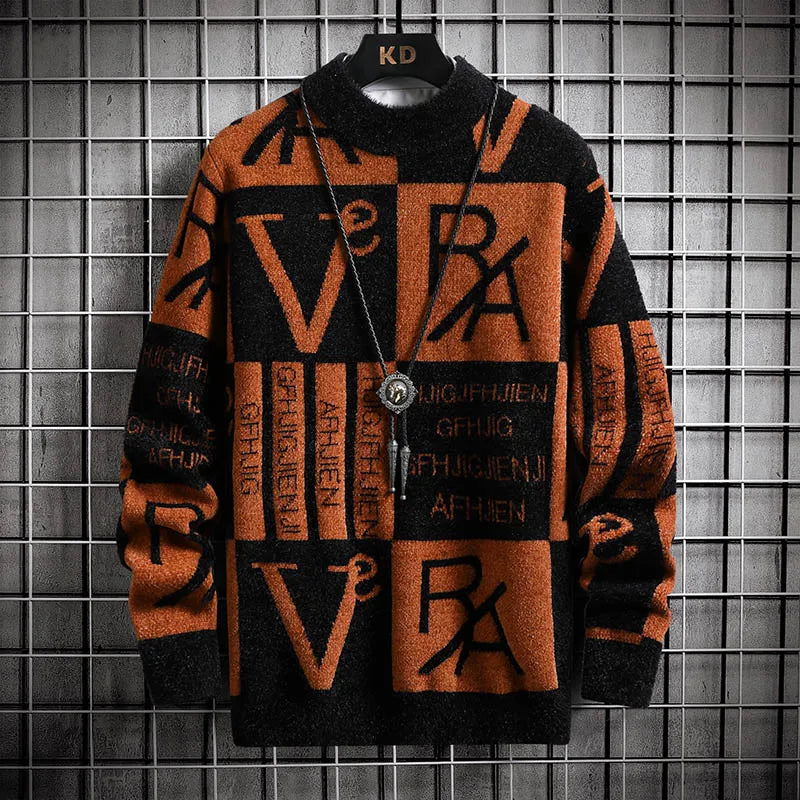 Men Knitted Sweater Stripe Pullovers Printing Round Neck Sweater 3