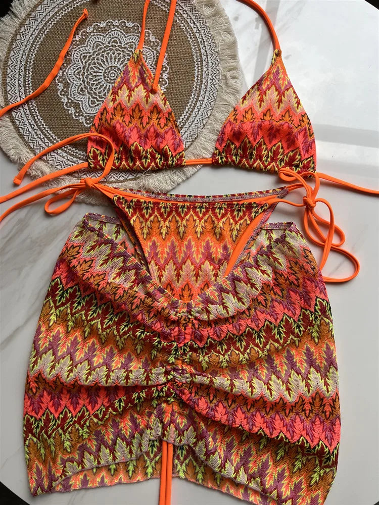 Maple Leaf Knitted 3-Piece Bikini Set - Women's Skirt Swimsuit