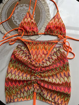 Maple Leaf Knitted 3-Piece Bikini Set - Women's Skirt Swimsuit