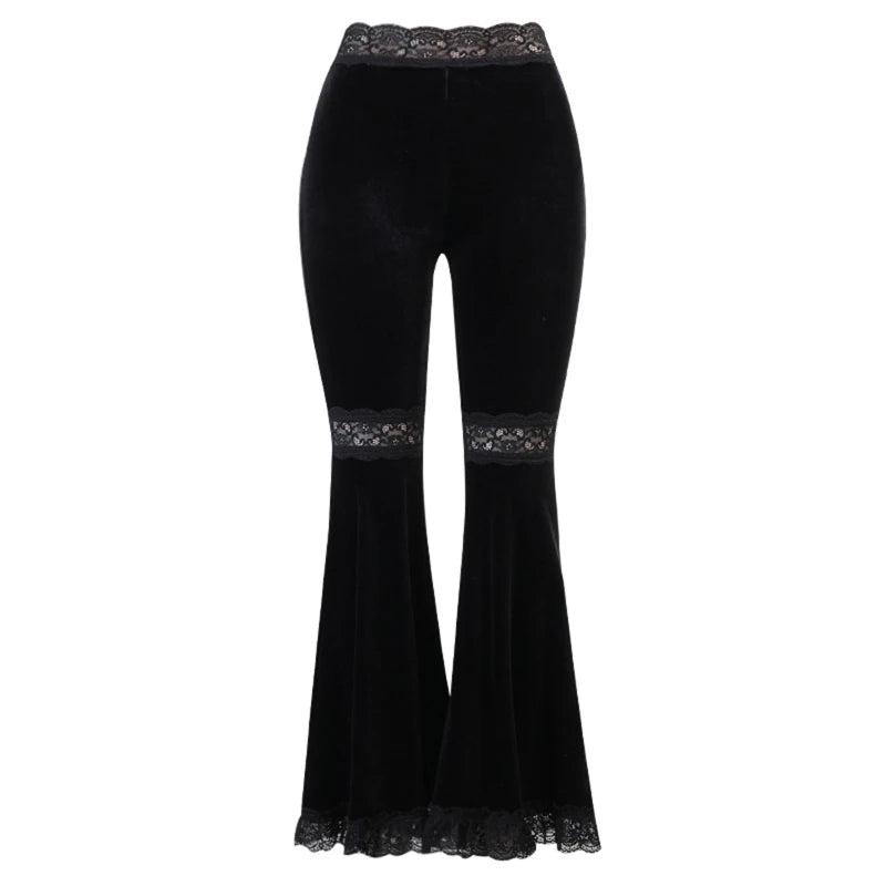 Women Gothic Punk Black Velvet Flare Pants Harajuku Sexy Hollow Out Lace Patchwork High Waist Skinny Vintage Gypsy Bell Bottom 3