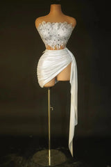 Gold Color Women Sexy 2 Pieces Strapless Bodycon Mini Dress Bar Singer Nightclub Party Celebrate Birthday Dress