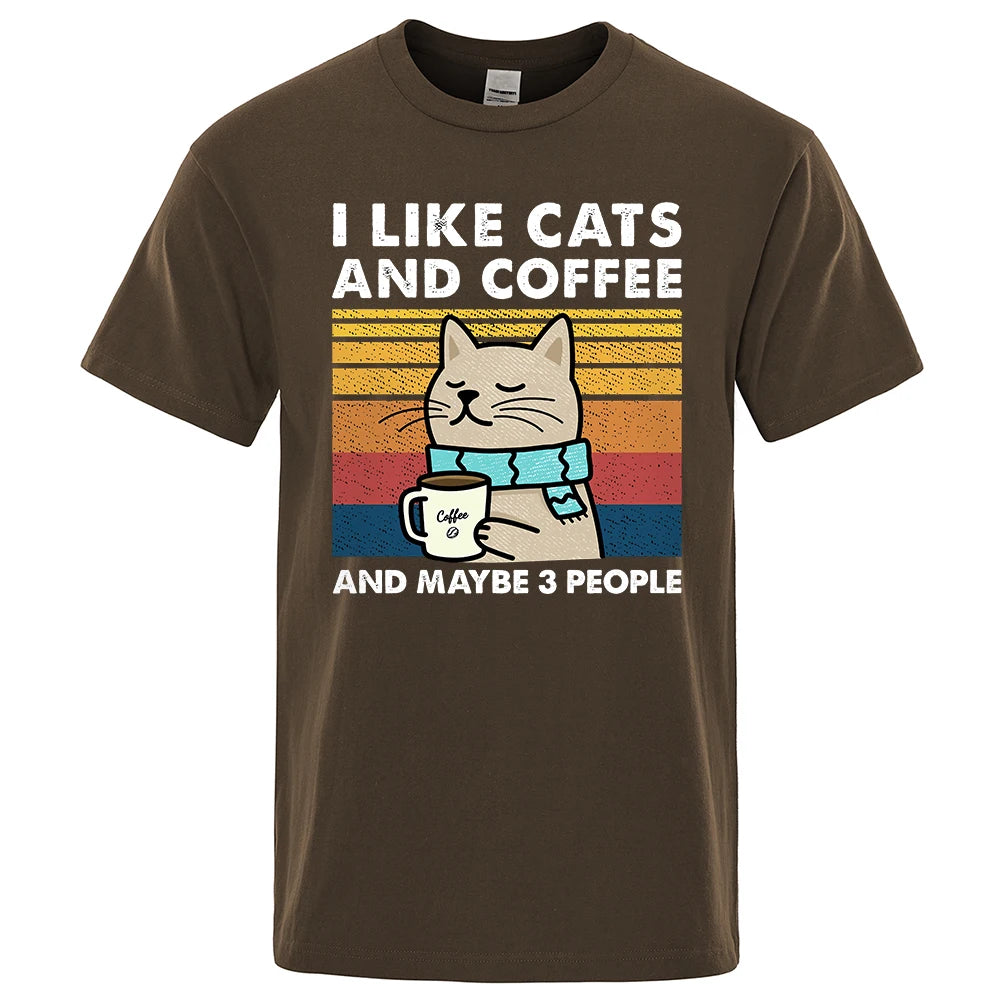 "I Like Cats and Coffee" Funny T-Shirt for Men | Casual Loose Fit Cotton Crewneck | Hip Hop Style