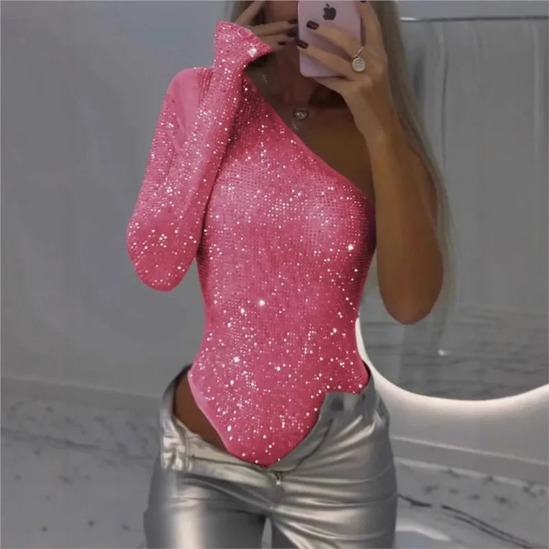 2025 Spice Girls Sexy Jumpsuit Sequin Top One-Shoulder Tight Rhinrhinone Solid Silver One-Piece Fashion Party Nightclub Summer 4