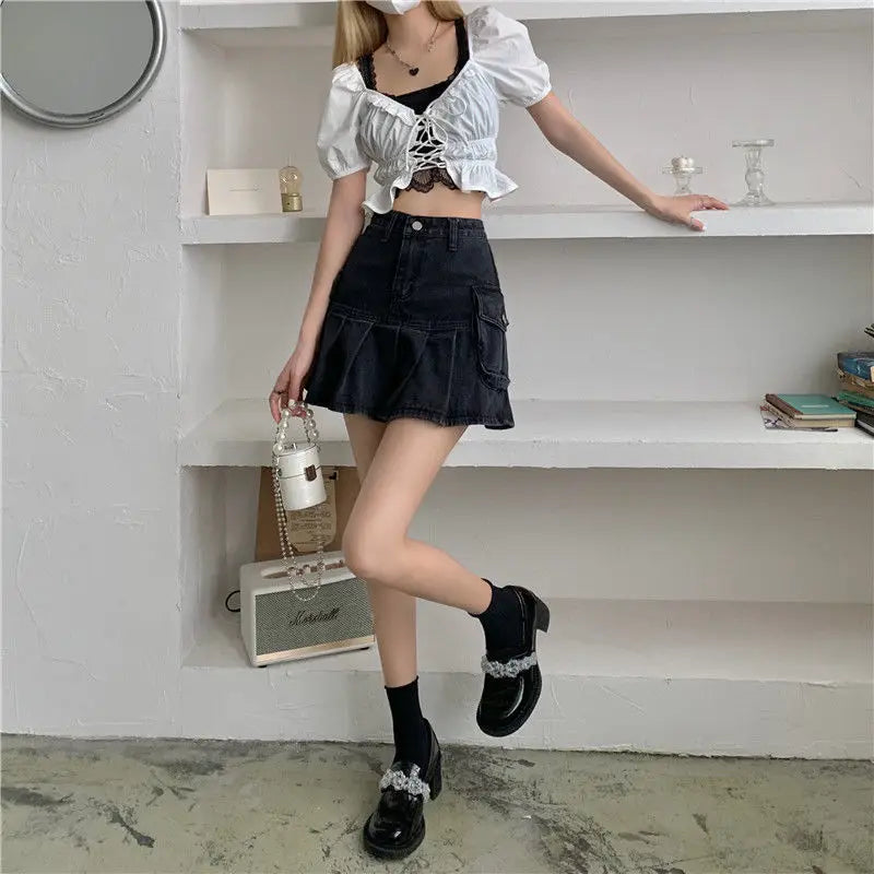 Skirts Women Summer High Waist Denim Mini Vintage Cargo Pockets Pleated Sexy Fashion Design Classy Cool Sweet College Streetwear 6