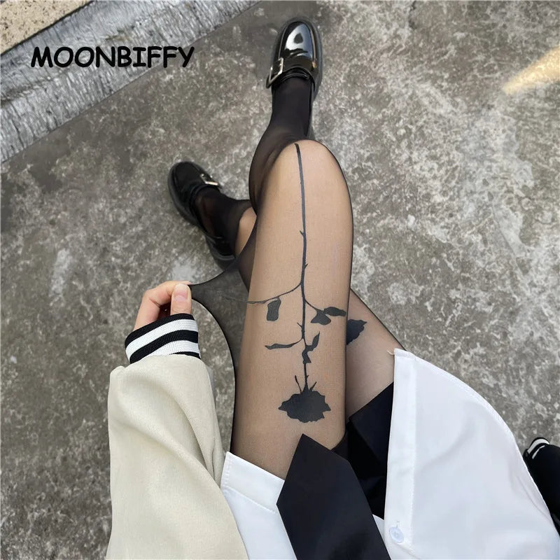 Sexy Women Pantyhose Tights Seamless Ultra-thin Velvet Silk Pantyhose Black Rose Print Tight Stocking Female Hosiery Meias Mujer