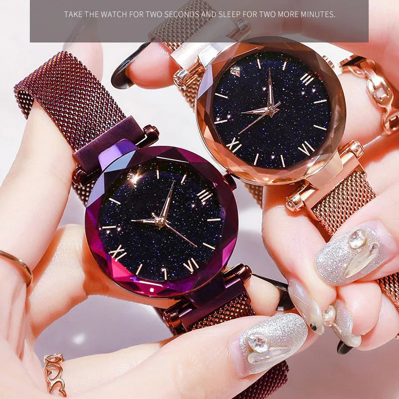 Womens Fashion Starry Sky Watches Magnet Buckle Mesh Belt Diamond Quartz Watch Women Dress Clock 5